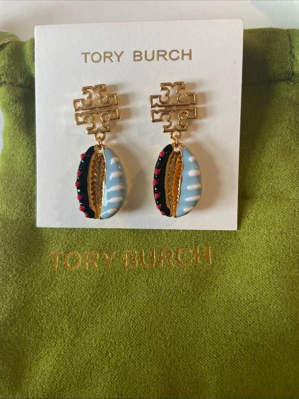 Tory Burch Gold Logo Drop Earrings with Blue, Black and Red Enamel Cowrie